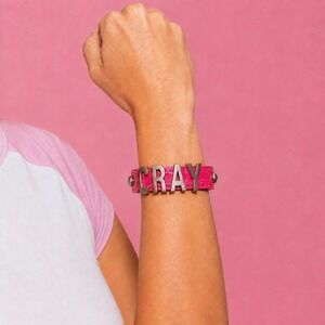 BCBGeneration Y2K Pink Croc Embossed CRAY Letter Cuff Bracelet Silver Tone Snaps